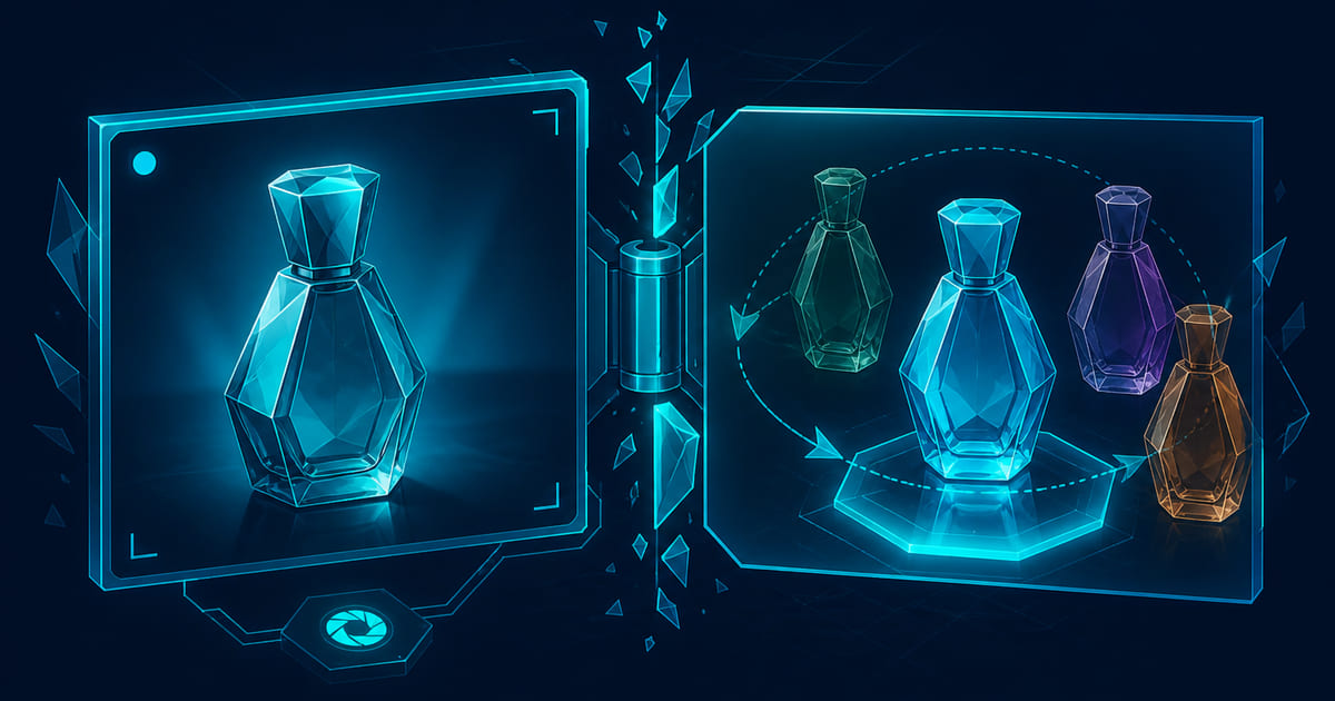 A product render beside a studio photograph with a decision matrix overlay.