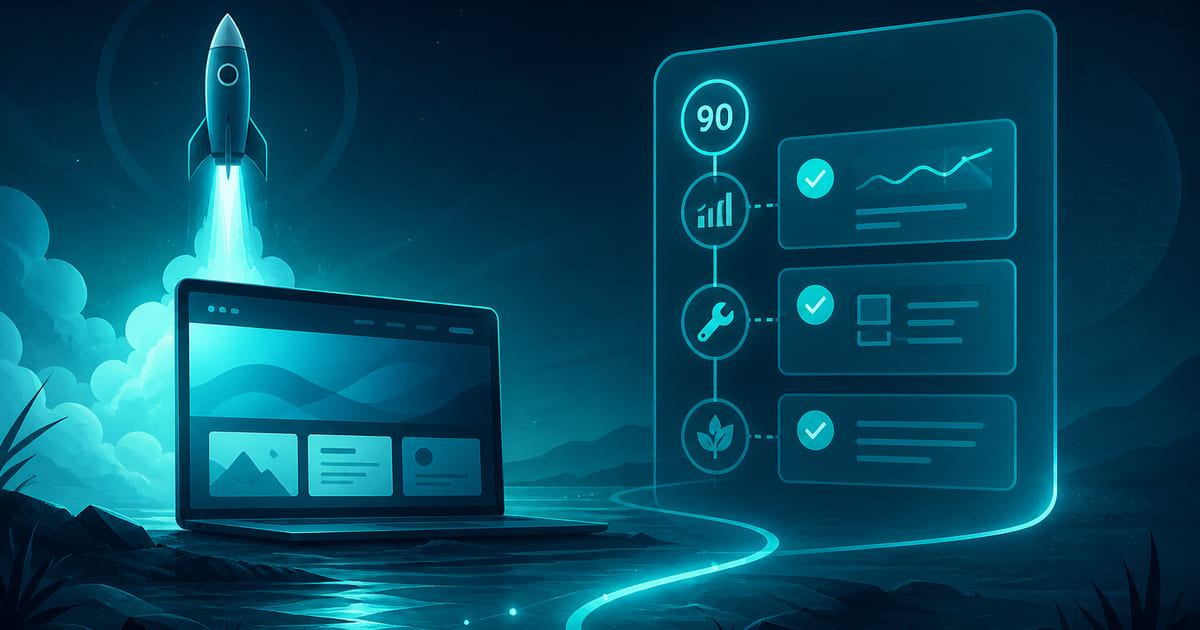 A launched website on a laptop beside a 90-day checklist: analytics, a care list, and one circled improvement — no redesign mockup.
