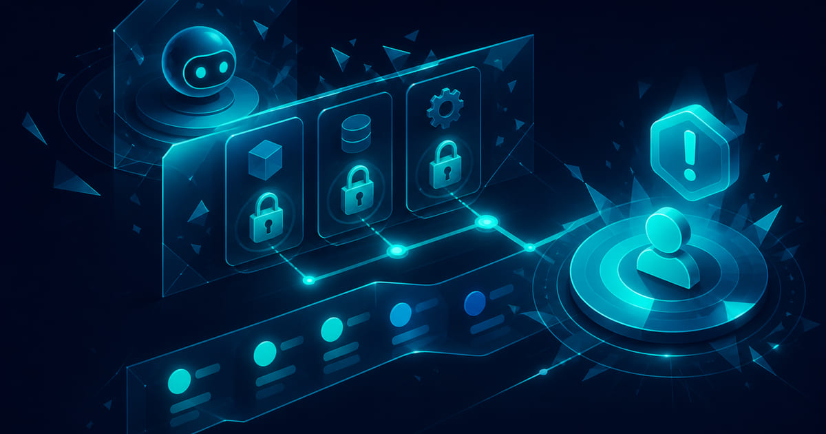 Agent permission diagram with audit log and escalation path in cyan wireframe on dark navy.
