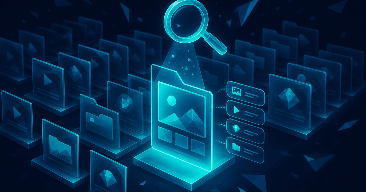 Labelled folders, metadata fields, and a search bar on a creative operations desk.
