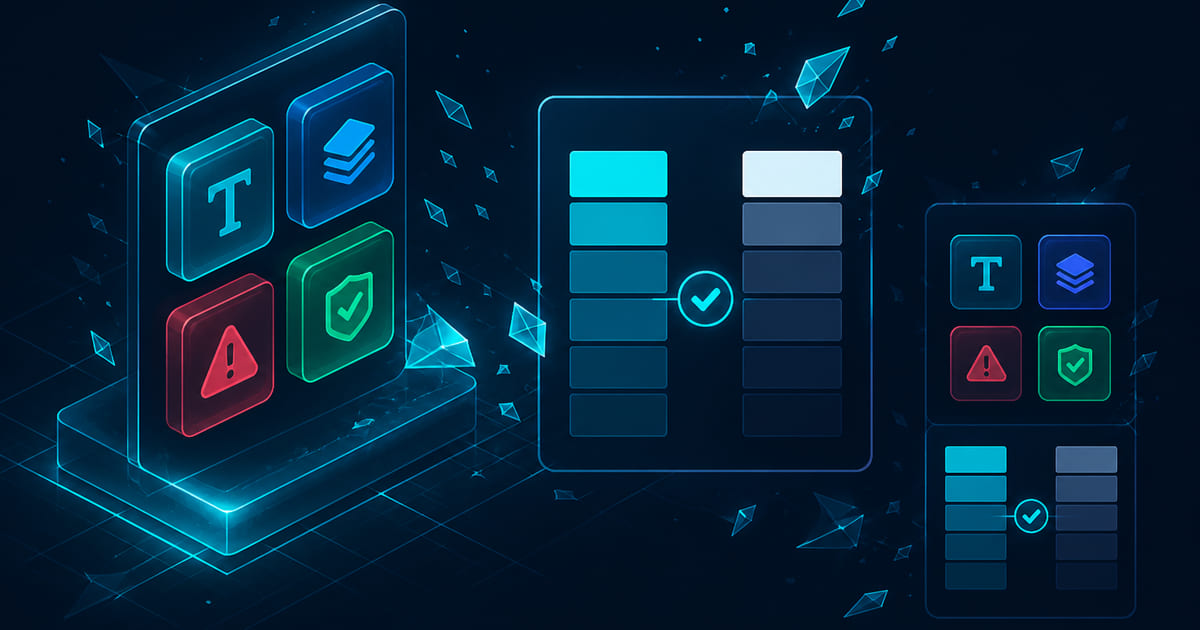 Wireframe semantic colour roles with contrast pairing table and dark-mode mapping on a dark blueprint interface grid.