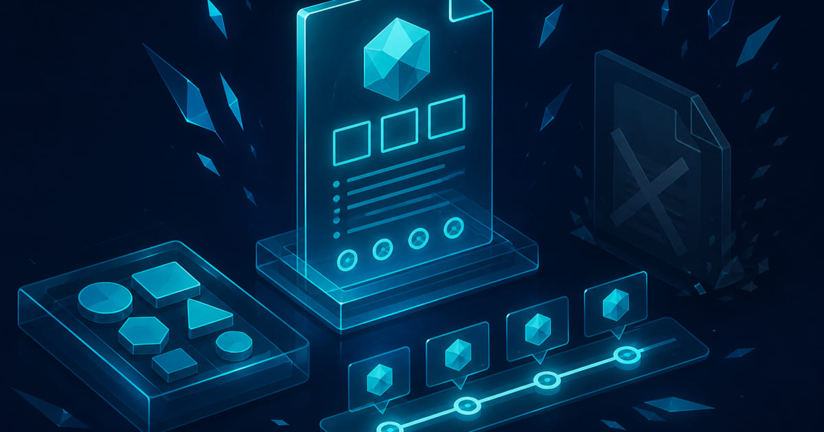 Layered wireframe brand guideline stack with stable rules, template library, token file, and change log on a dark blueprint surface.