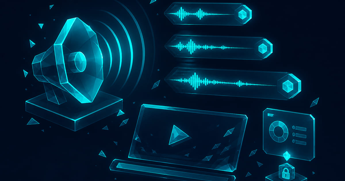 Waveforms, a short cue list, and rights fields beside a video with captions enabled.