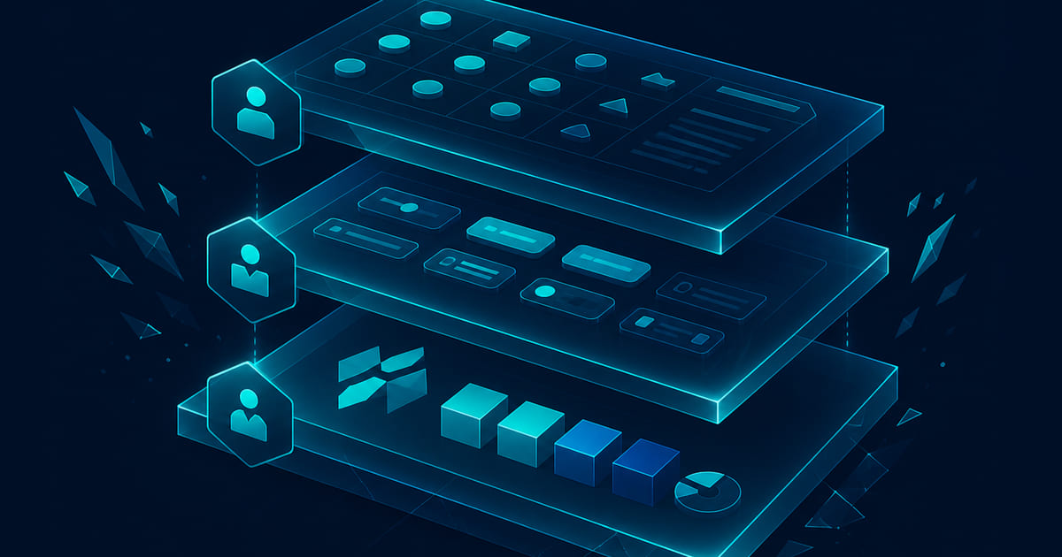 Wireframe layers showing brand guidelines, component library, and design system connected on a dark blueprint desk.
