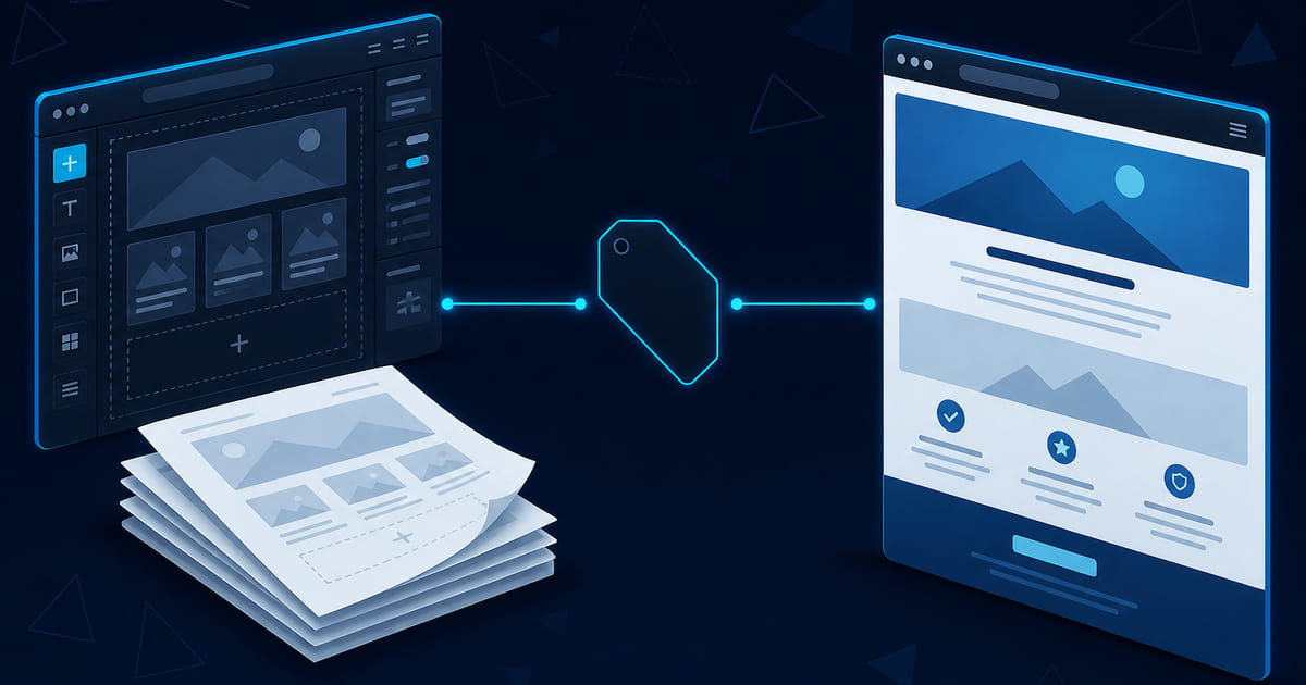 A website builder canvas, a stack of abandoned page drafts, and a launched browser window on a dark navy field.
