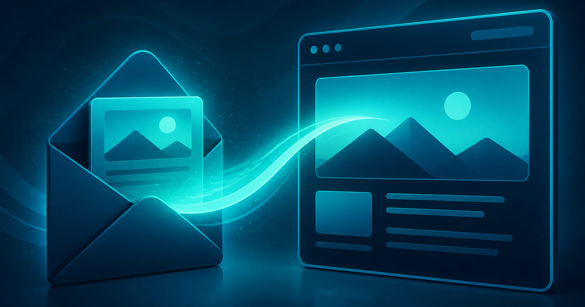 An inbox row with a plain subject line beside a landing page that repeats the same offer and one next step.