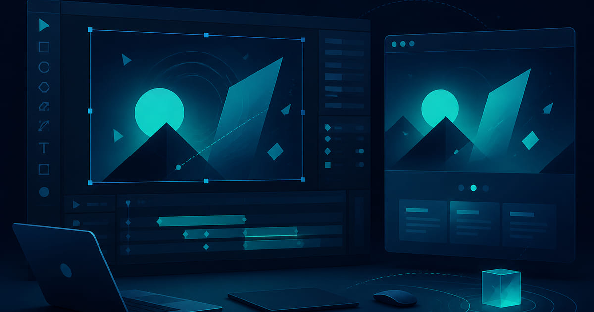 A design canvas, published preview, and layout tools on a working desk.