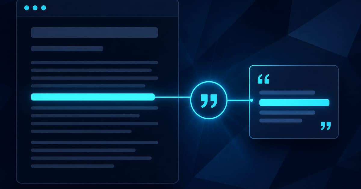 A website page with one highlighted sentence connected to a quotation mark and a matching short quote.