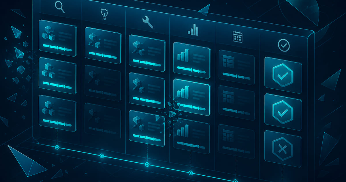 Experiment ledger rows with evidence, hypothesis, window, and decision nodes in cyan wireframe on dark navy.