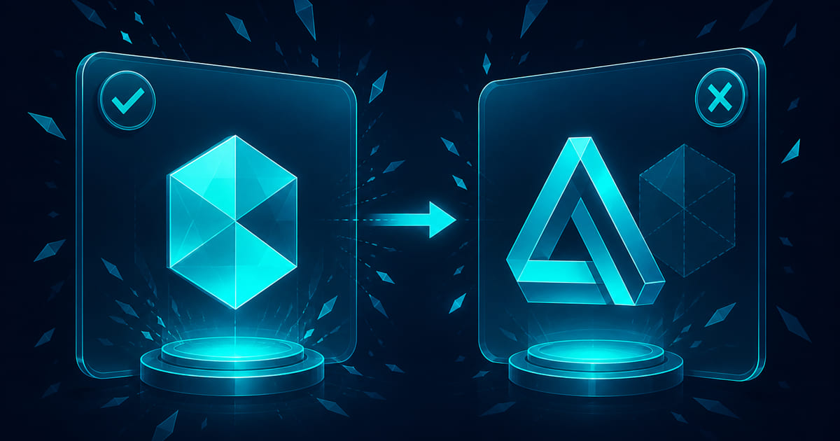 Wireframe comparison of an evolved logo mark beside a completely new symbol with a recognition and migration checklist.