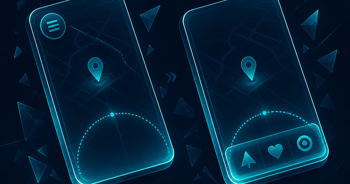 Phone wireframes comparing tab bar, priority links, and a collapsed menu with thumb reach zones.