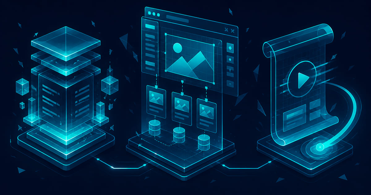 Three platform wireframes — code editor, visual canvas, and motion layout — on a dark navy field.