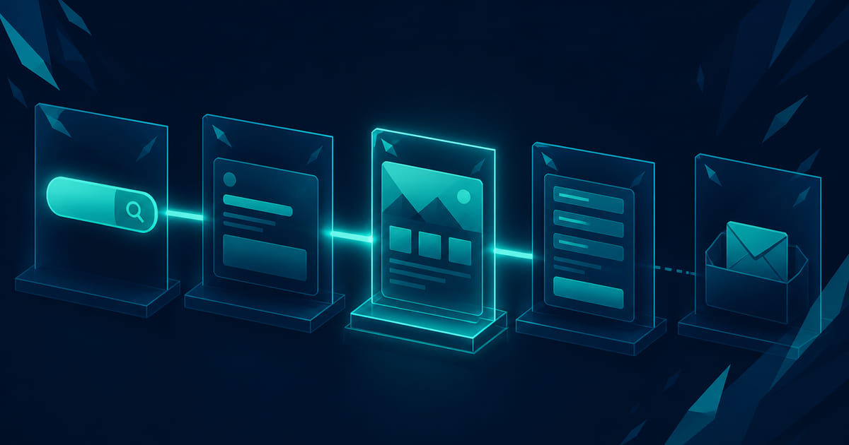 A query-to-lead trace with ad, page, form, and response nodes connected in cyan wireframe on dark navy.