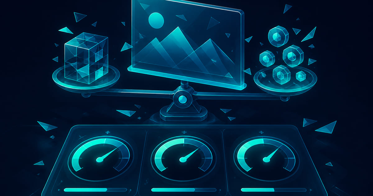 Performance budget chart with LCP, INP, and CLS gauges in cyan wireframe on dark navy.