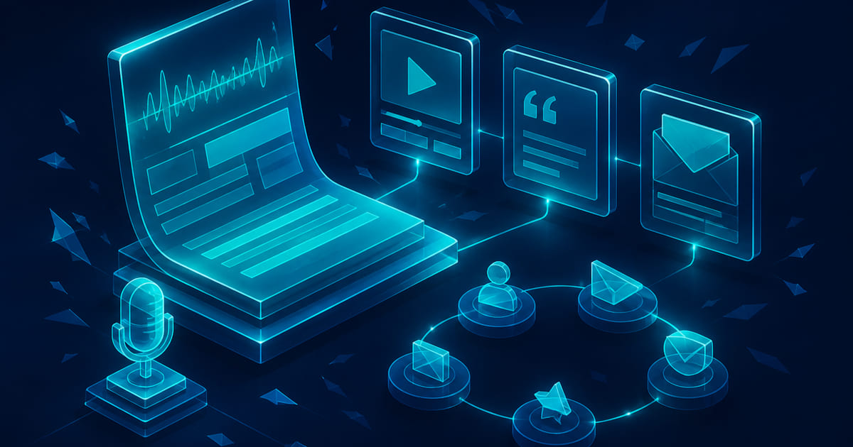 An episode brief, guest checklist, and transcript arrows pointing to posts and clips.