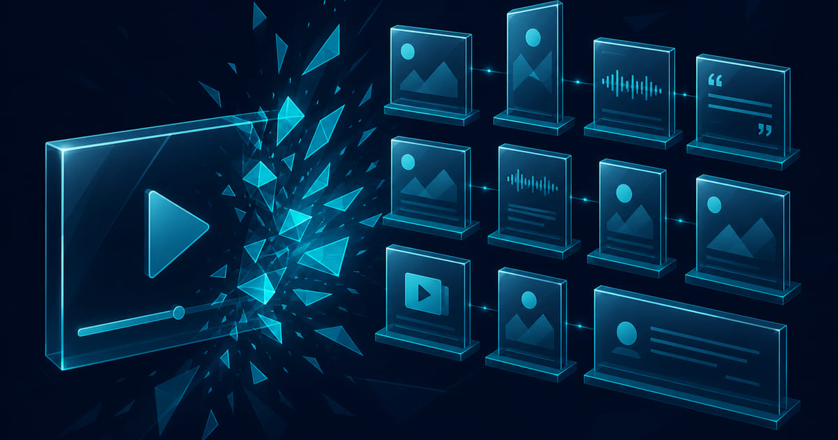 One long video timeline branching into a source-to-format map with dated slots for clips, quotes, and stills across channels.