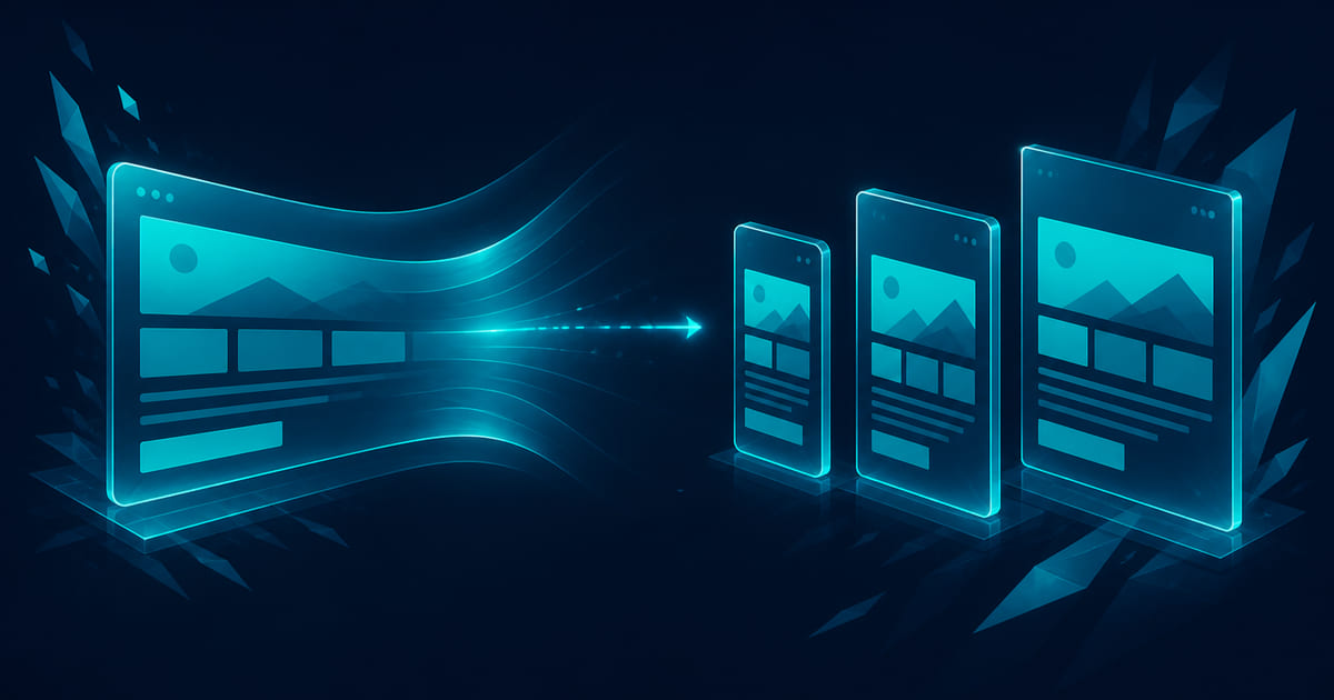 Fluid layout rules beside fixed breakpoint mockups with a content-priority matrix.