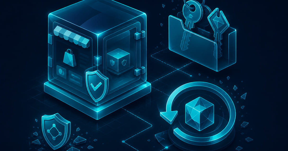 Wireframe threat model diagram with assets, trust boundaries, and a recovery checklist beside a small app dashboard.
