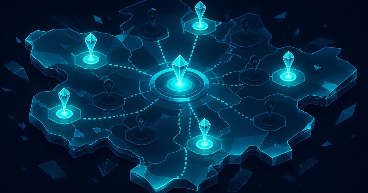A hub service page connected to location nodes with evidence markers on a dark navy map wireframe.