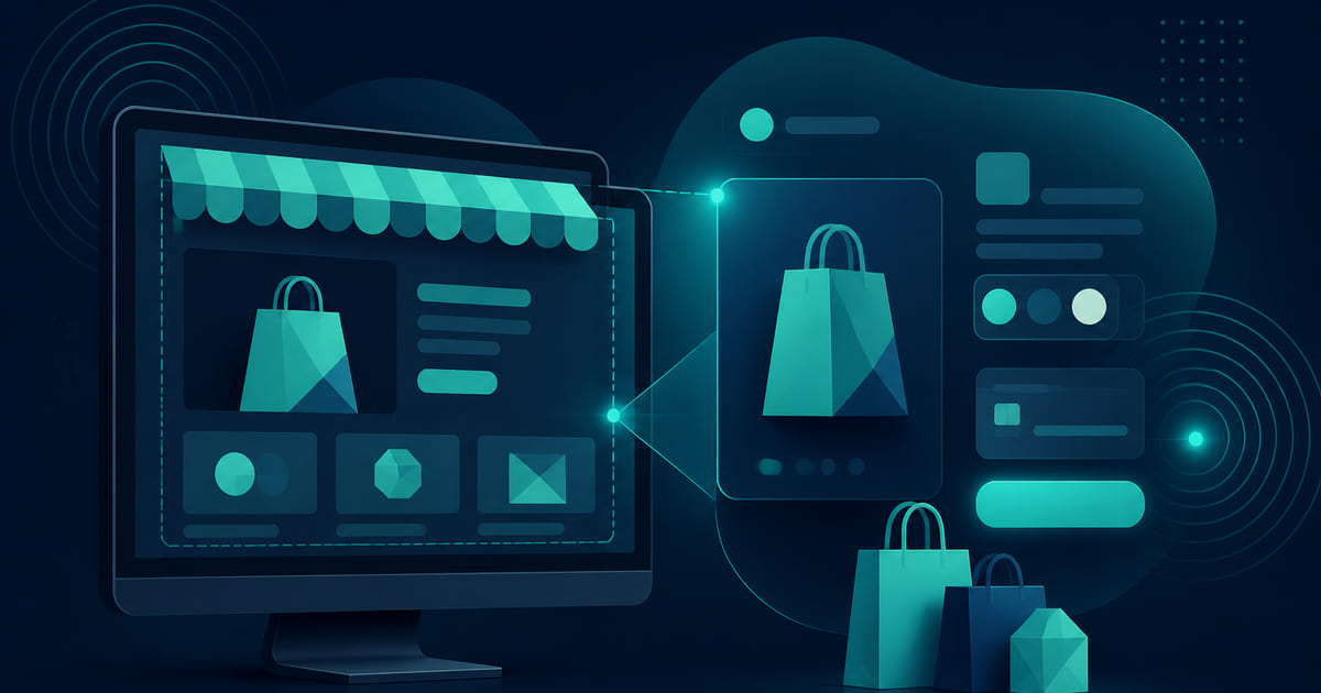 A Shopify admin, product catalog, and checkout on a working desk.