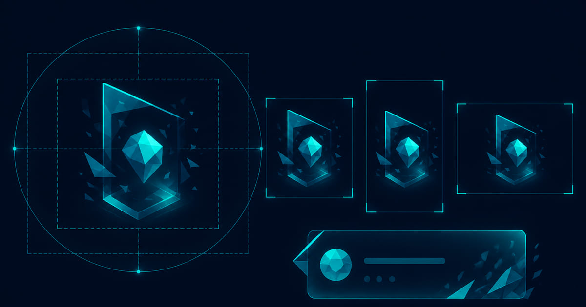 Wireframe social channel matrix with crop-safe zones, avatar lockups, and a caption card on a dark blueprint grid.