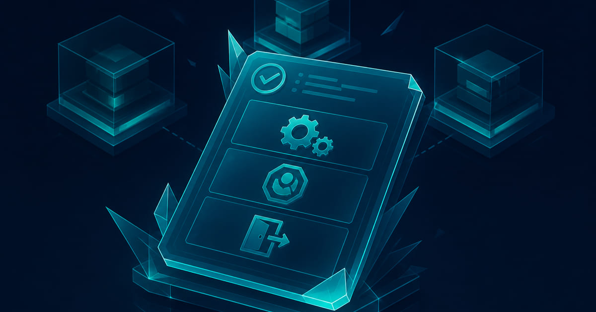 Architecture diagrams, constraint notes, and a browser window in wireframe style on a dark field.