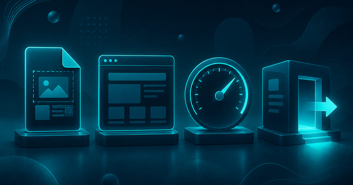 A design file, a browser window, a weight budget, and an exit from a CMS on a dark navy field.