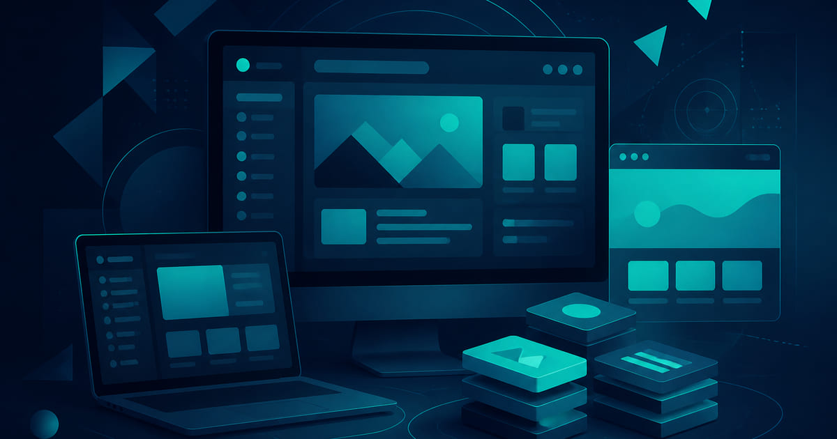 A CMS dashboard, theme files, and a browser on a working desk.